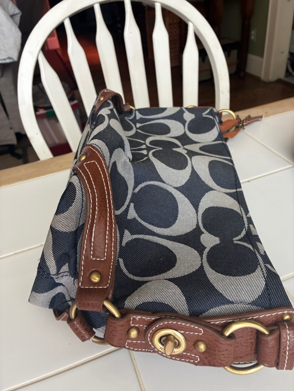Coach Navy and Light Gray Signature 'C' Shoulder Bag with Brown Leather Trim
